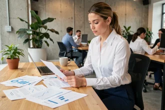 Jeune femme entrepreneur examinant son business plan dans un espace de coworking moderne en 2026
