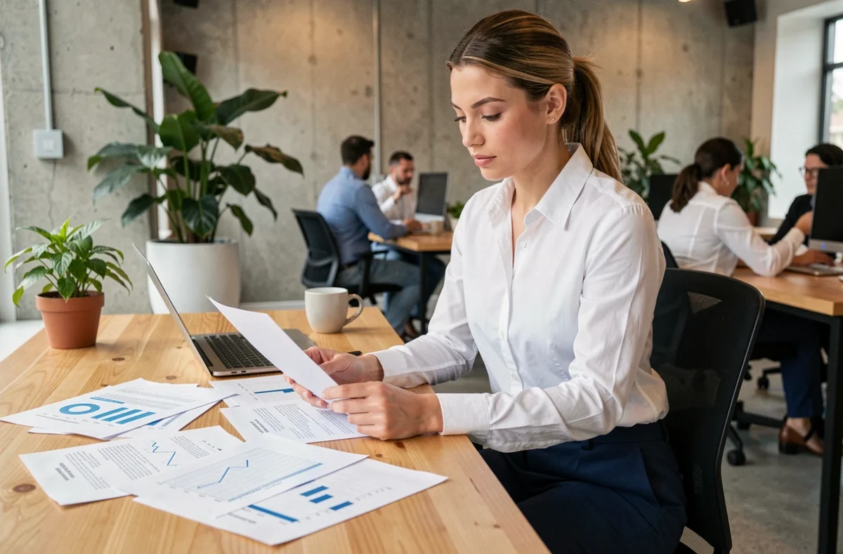 Jeune femme entrepreneur examinant son business plan dans un espace de coworking moderne en 2026