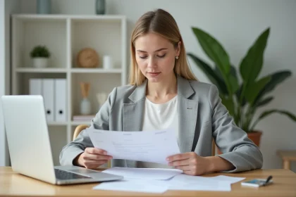 Femme entrepreneur consultant des documents administratifs liés à la création d'entreprise et à l'obtention d'un extrait Kbis Urssaf
