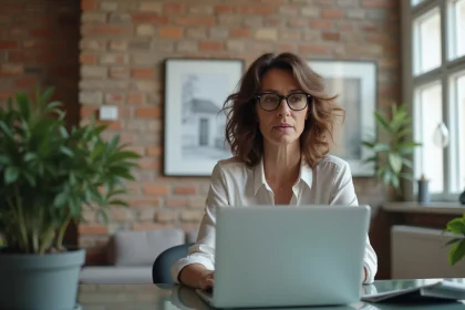 Femme d'affaires fran&ccedil;aise en visioconference dans son bureau