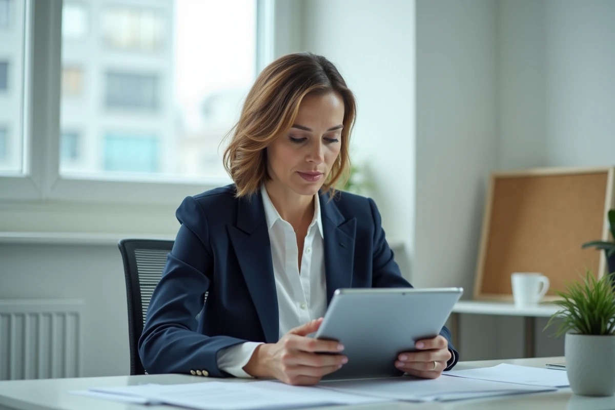Femme manager v&eacute;rifiant des documents de projet dans son bureau