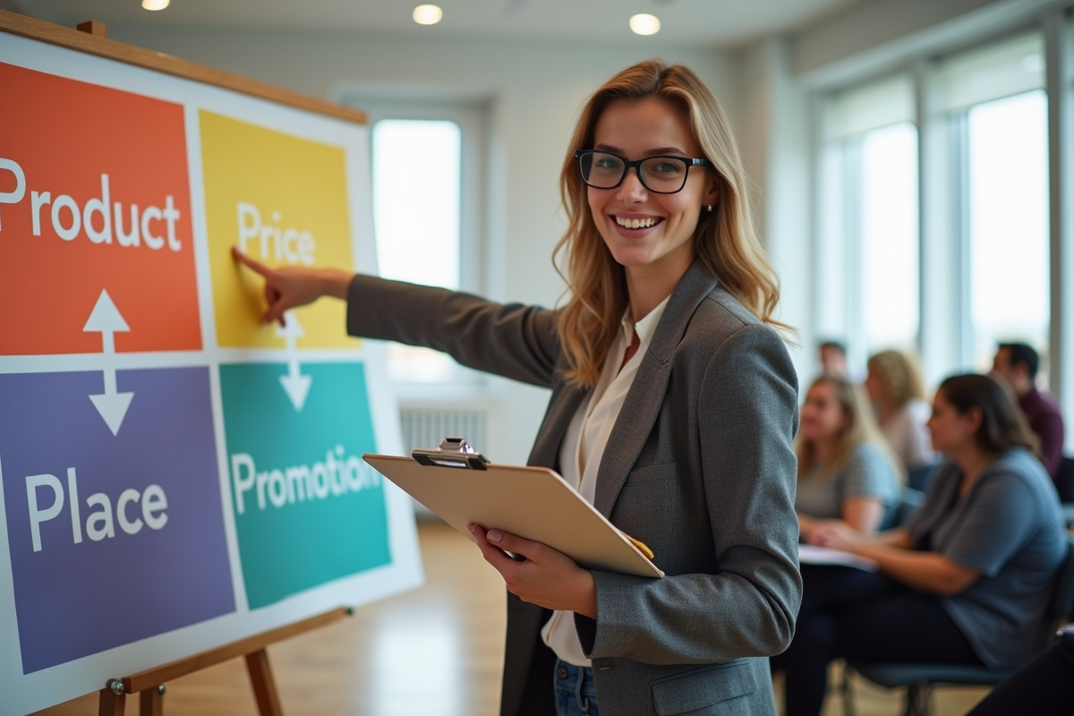 Jeune femme en réunion expliquant la stratégie marketing