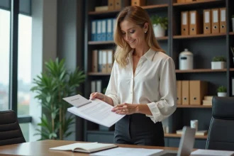 Femme examinant une médaille du travail dans un bureau moderne