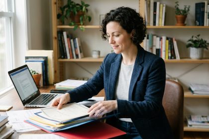 Femme organisant ses certificats dans un bureau moderne