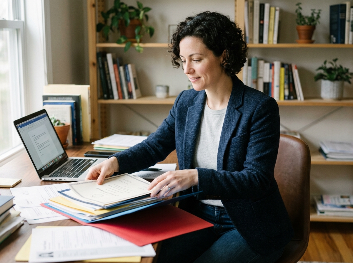 Femme organisant ses certificats dans un bureau moderne
