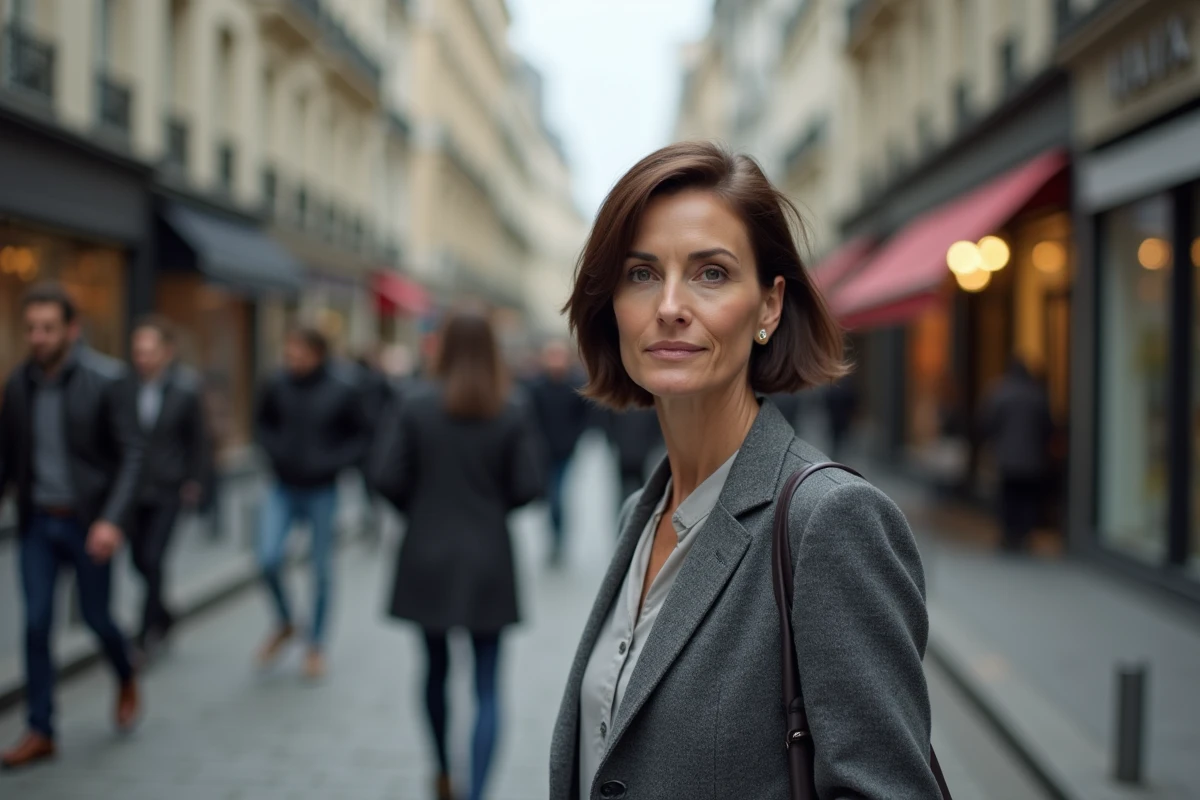 Femme d'âge moyen dans une rue parisienne animée
