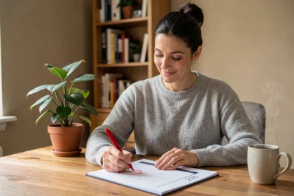 Femme planifiant ses jours travaillés en 2026 dans un bureau à domicile avec calendrier imprimé et café