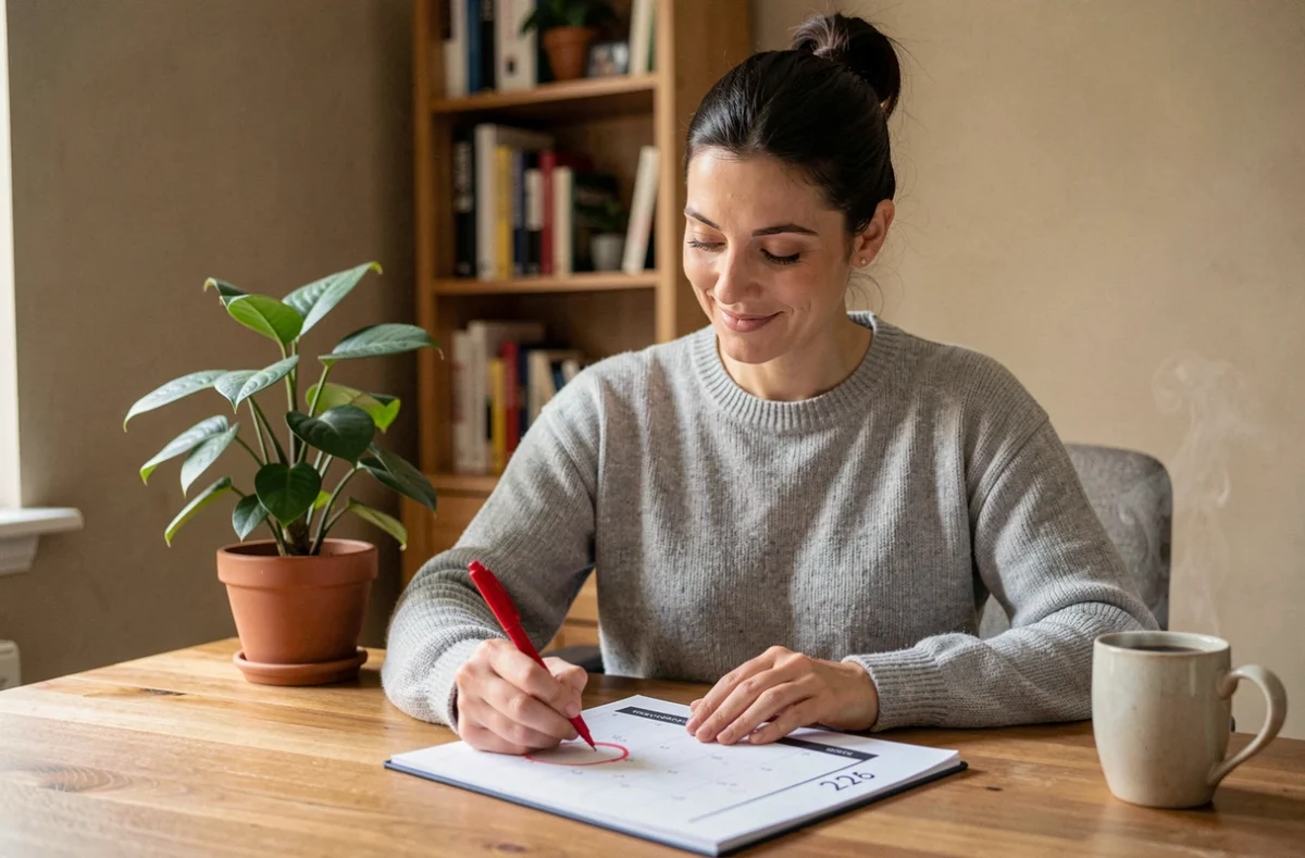 Femme planifiant ses jours travaillés en 2026 dans un bureau à domicile avec calendrier imprimé et café