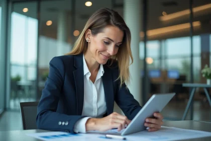 Femme professionnelle en bureau moderne avec tablette