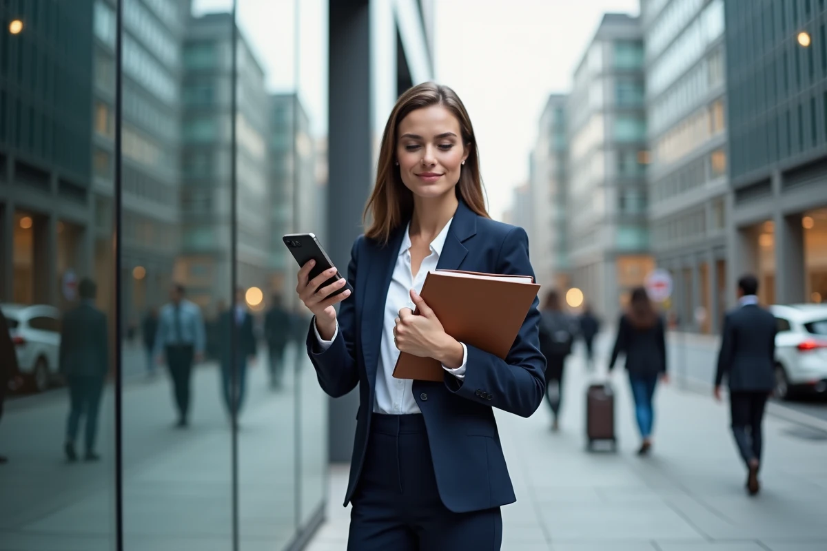 Femme professionnelle ambitieuse en tenue de travail devant un immeuble de bureaux moderne illustrant les métiers les mieux rémunérés accessibles sans expérience