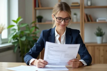 Femme professionnelle consultant un modèle de devis imprimé avec mentions légales à son bureau