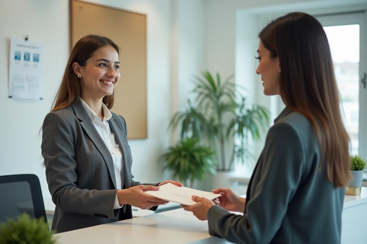 Jeune femme remettant une enveloppe à une collègue au bureau