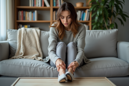 Femme d&eacute;tendue se d&eacute;chaussant dans un salon cosy