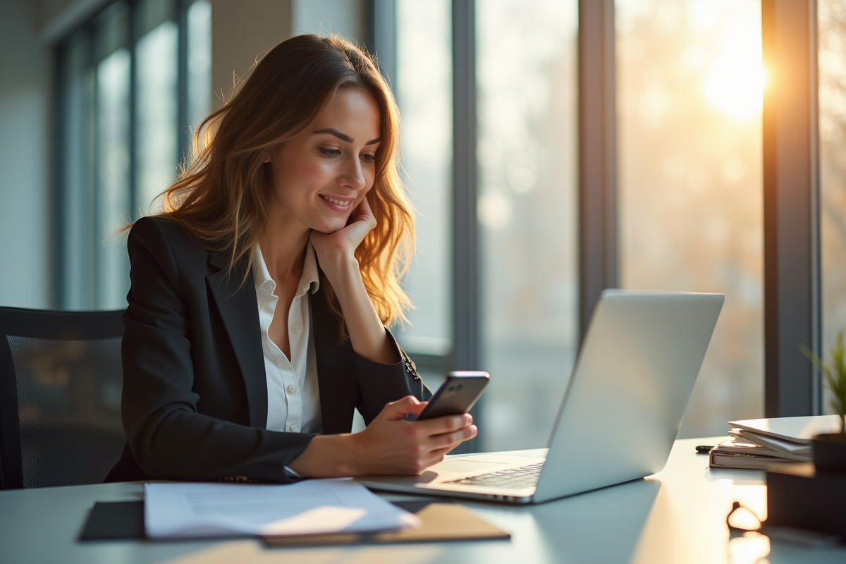 Femme RH confiante examinant des contrats dans un bureau lumineux