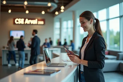 Femme souriante scannant un billet digital au comptoir