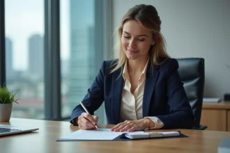 Femme signant une lettre dans un bureau moderne