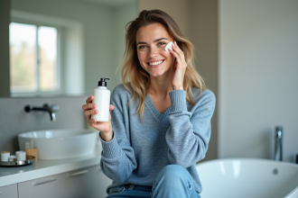 Jeune femme appliquant crème visage dans la salle de bain
