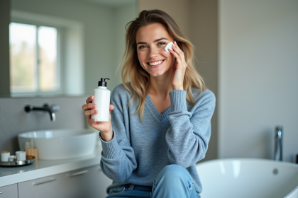 Jeune femme appliquant crème visage dans la salle de bain