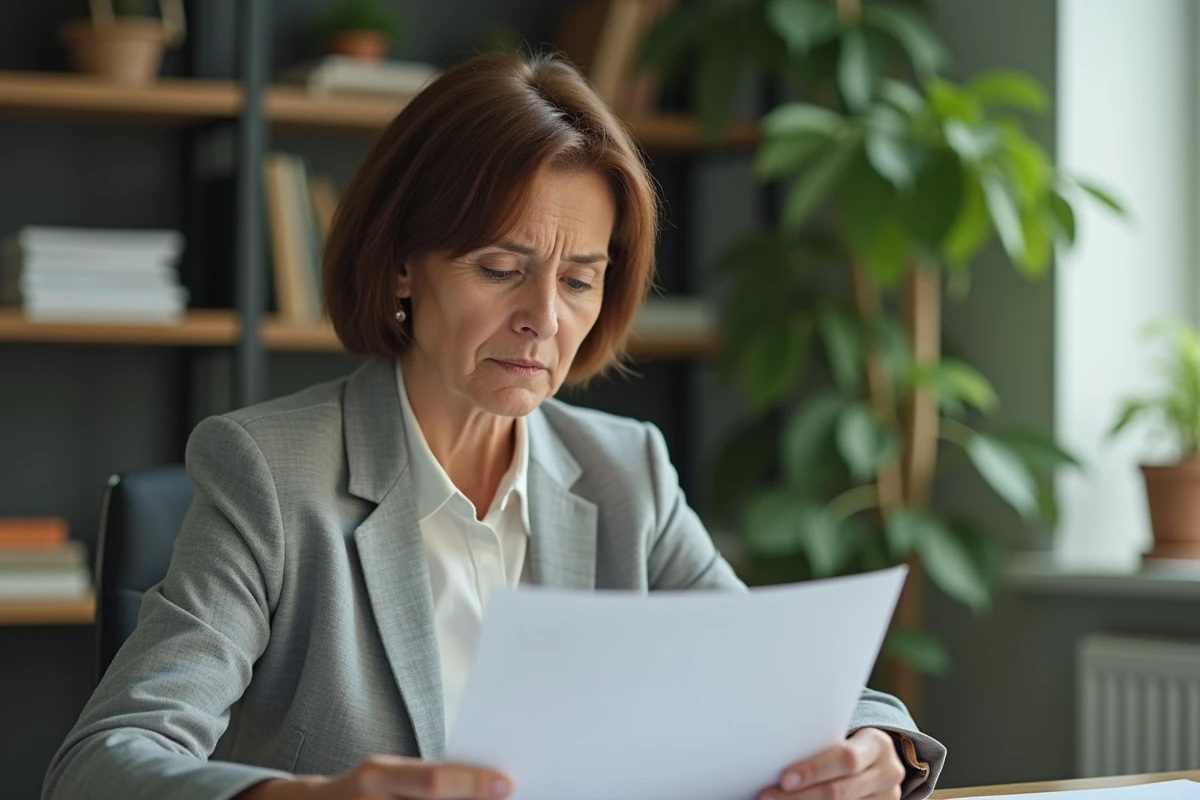 Femme consultant un solde de tout compte à son bureau à domicile, document papier en main