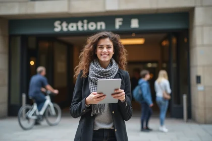 Jeune femme professionnelle devant Station F &agrave; Paris