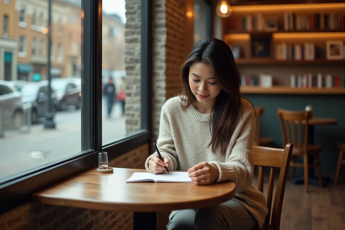 Jeune femme remplissant une carte de suggestion au café