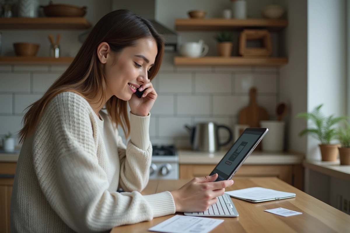 Jeune femme au domicile appelant support technique