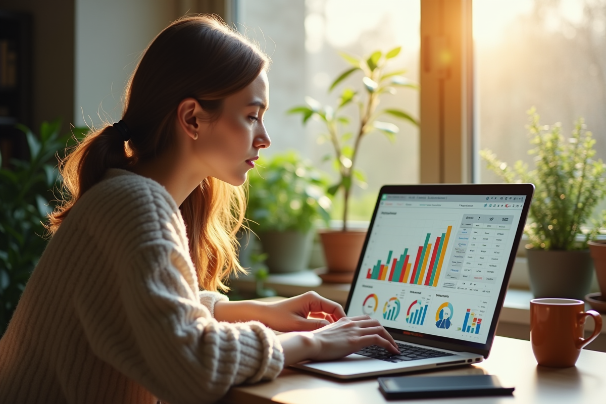 Jeune femme créative travaillant à domicile avec graphiques marketing