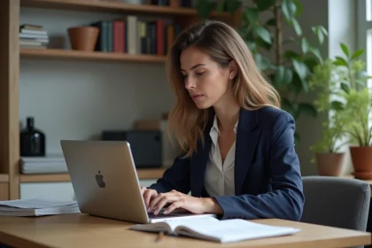 Femme en bureau à domicile travaillant sur son ordinateur portable