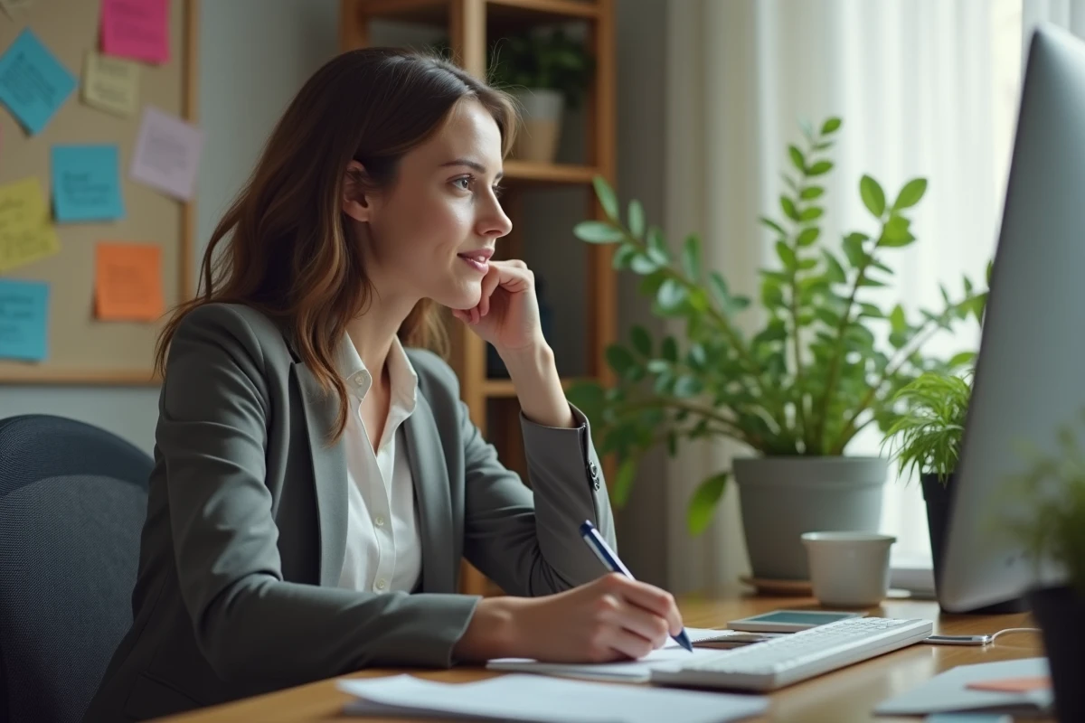 Jeune femme concentrée travaillant à son bureau à domicile