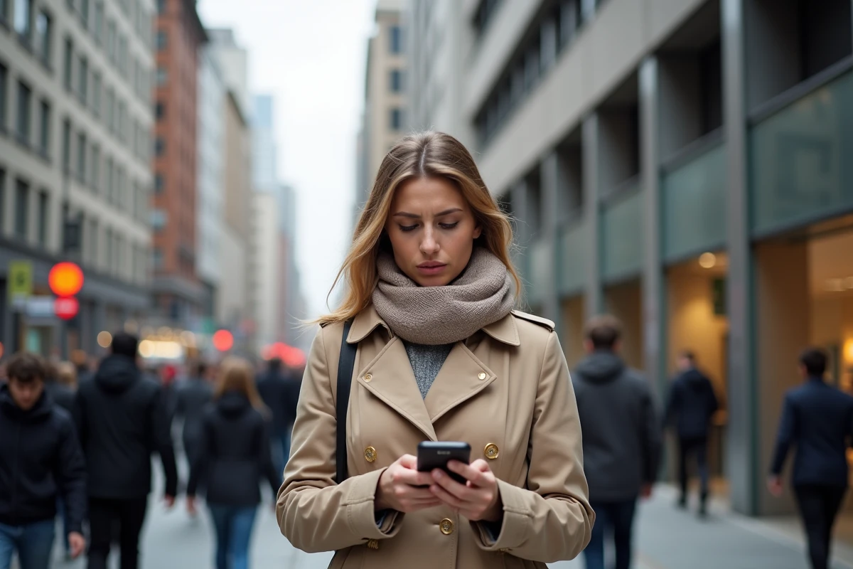 Femme dans la rue urbaine regardant son smartphone