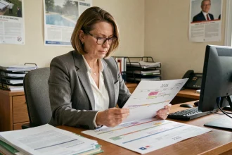 Fonctionnaire calculant les jours travaillés 2026 sur un calendrier annoté dans un bureau administratif
