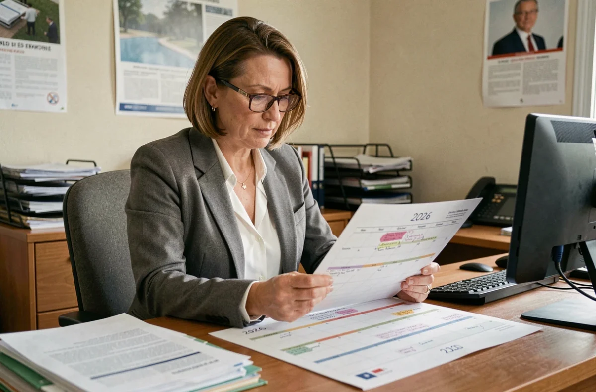 Fonctionnaire calculant les jours travaillés 2026 sur un calendrier annoté dans un bureau administratif