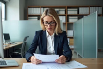 Fonctionnaire territoriale catégorie A consultant une fiche de salaire dans un bureau municipal en 2026