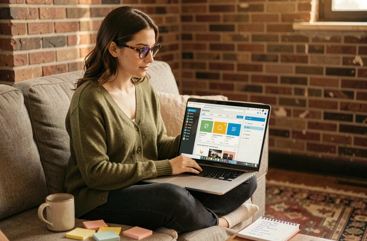 Freelance parcourant la bibliothèque de ressources premium Envato Elements sur son ordinateur portable depuis chez elle