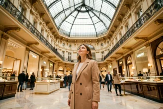 Femme admirant la coupole historique des Galeries Lafayette à Paris, architecture Belle Époque avec balcons dorés et verrière