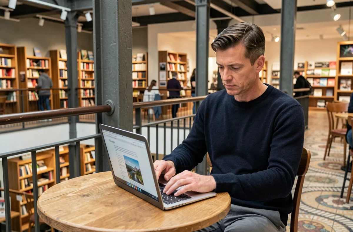Homme consultant la page Wikipédia des Galeries Lafayette sur un ordinateur portable dans un café intérieur du grand magasin parisien