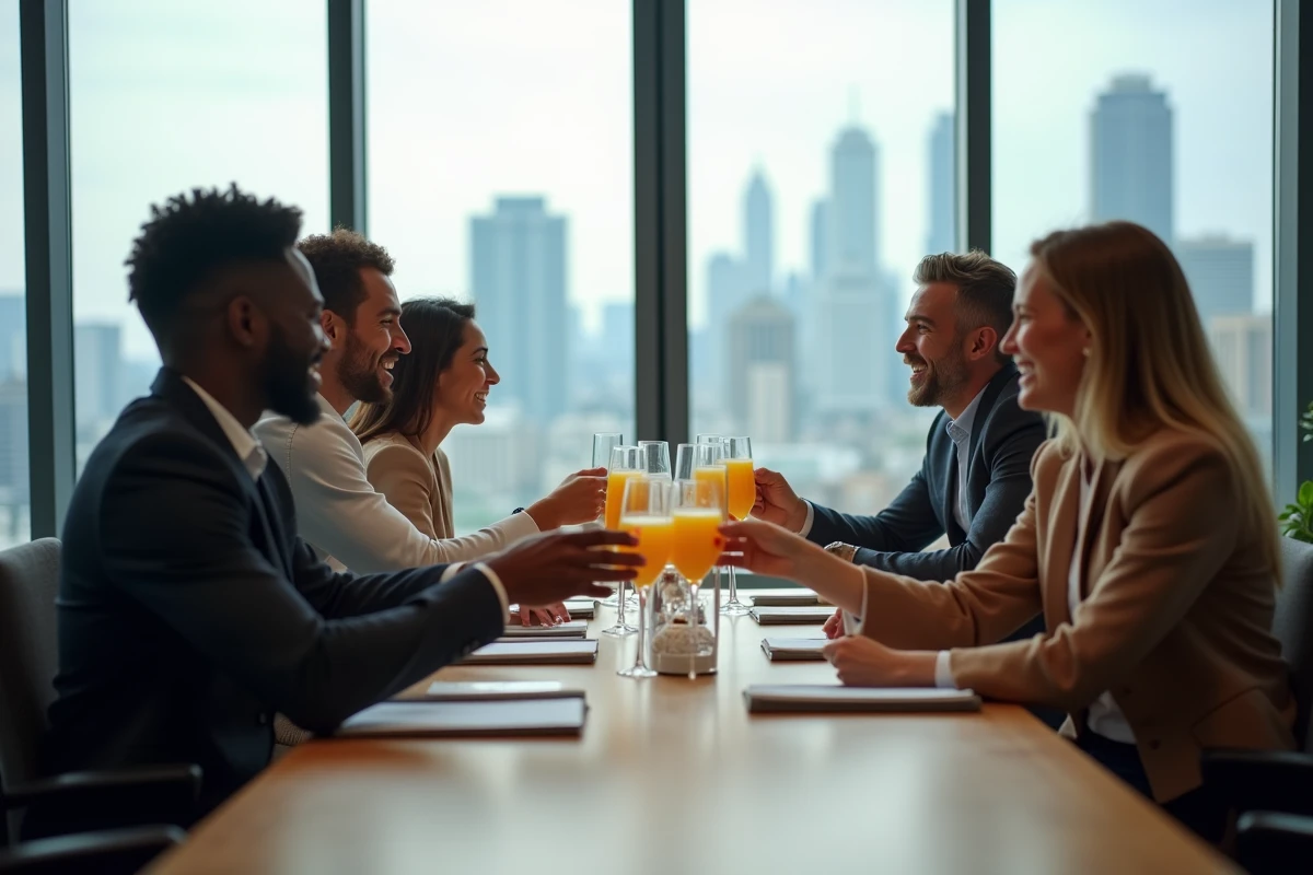 Groupe de collègues portant un toast lors d'un pot de départ dans une salle de réunion moderne