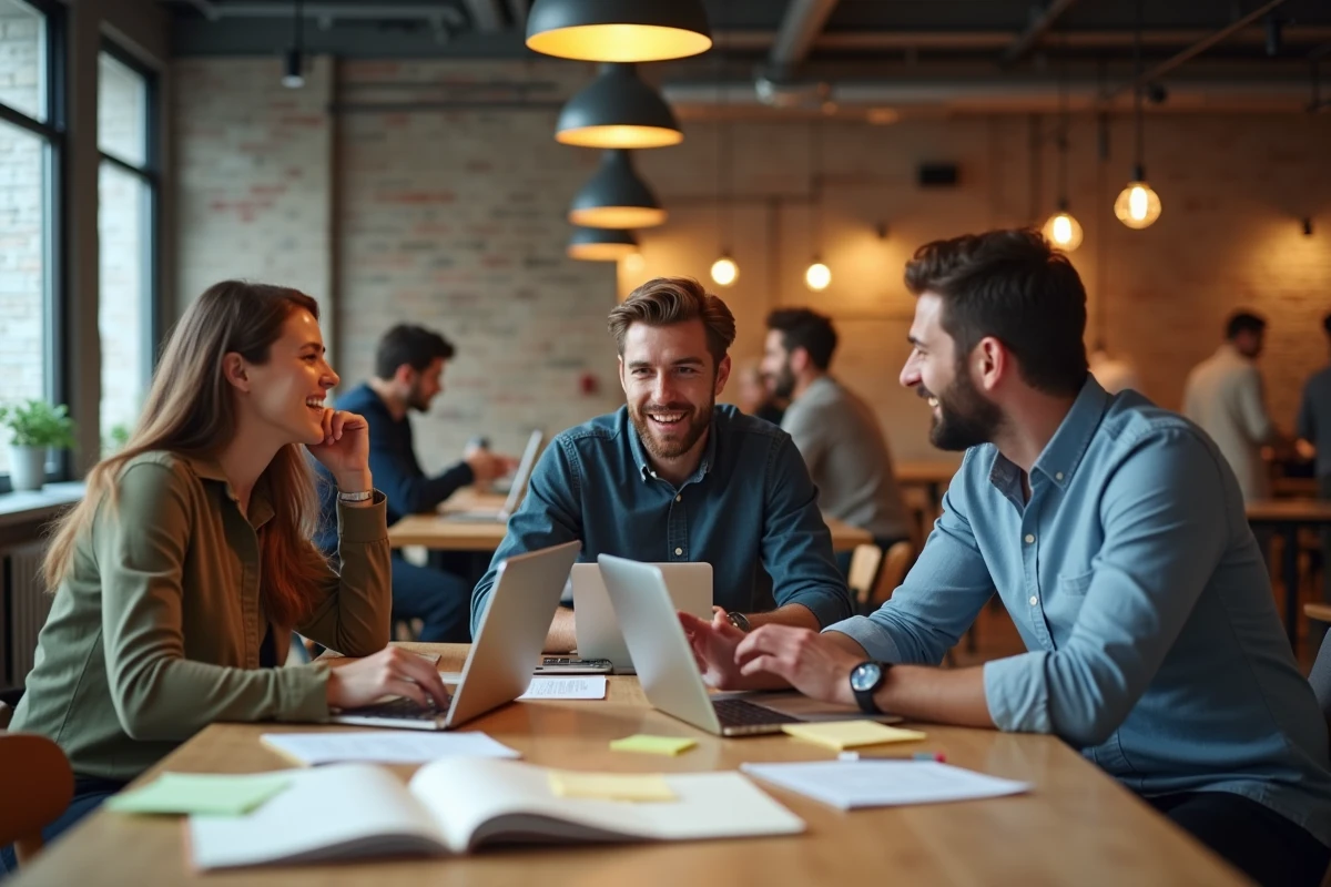 Groupe de jeunes professionnels en réunion dans un espace de coworking discutant des métiers les plus lucratifs pour démarrer une carrière rentable de zéro