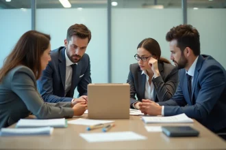 Groupe de quatre employés de bureau autour d'une table en réunion