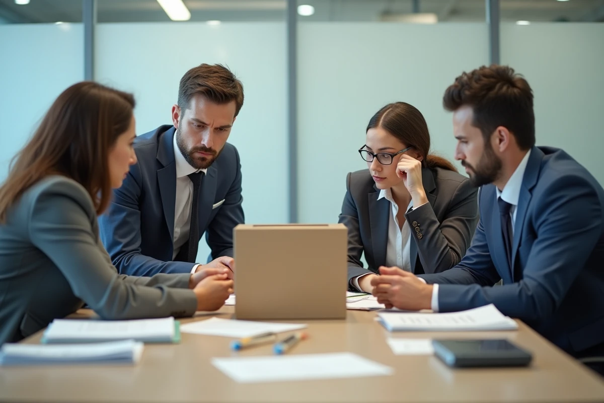 Groupe de quatre employés de bureau autour d'une table en réunion