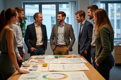 Groupe de professionnels discutant autour d'une table en &eacute;conomie circulaire