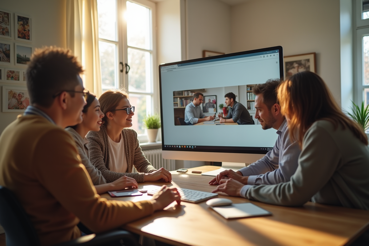 Groupe diversifié collaborant sur un site web dans une pièce lumineuse