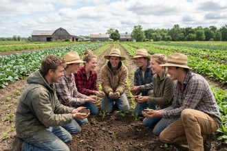 Groupe de jeunes adultes en jardinage dans un champ verdoyant
