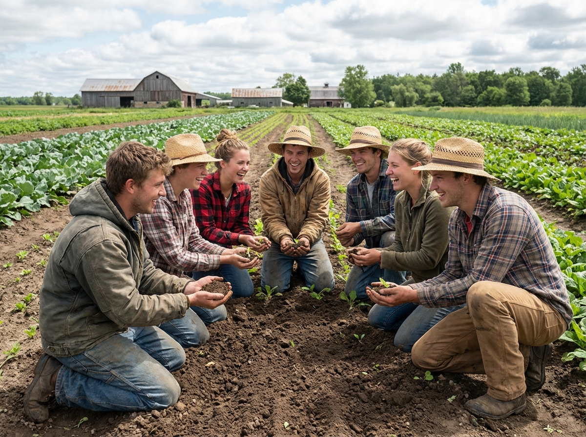Groupe de jeunes adultes en jardinage dans un champ verdoyant