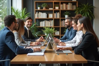 Groupe de professionnels en coworking lors d'une réunion