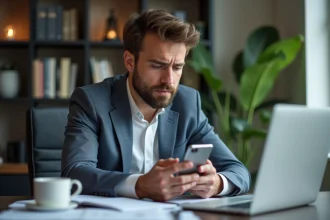 Homme d'affaires lisant une notification financière à son bureau
