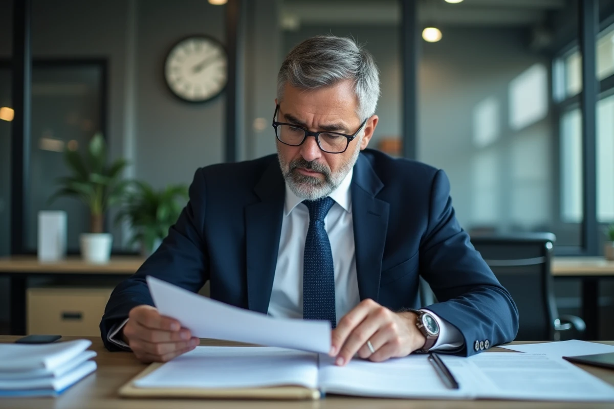 Homme d'affaires en costume bleu au bureau concentré