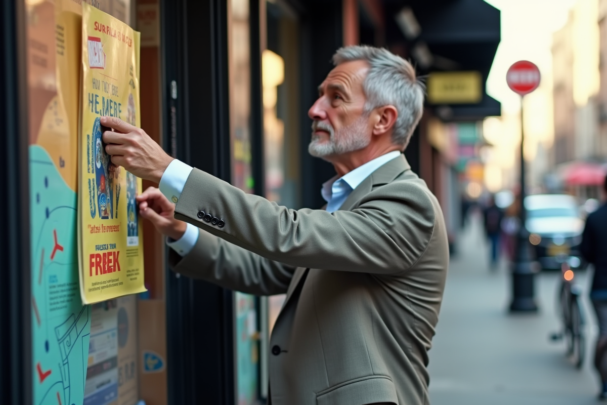 Homme accrochant affiche promotionnelle dans la rue