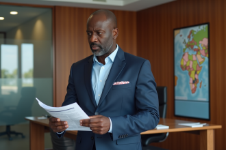 Homme africain en costume examine un plan de securite