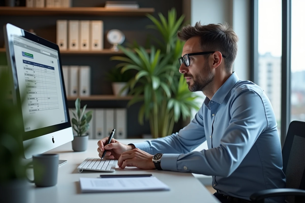 Homme au bureau vérifiant une checklist sur son ordinateur